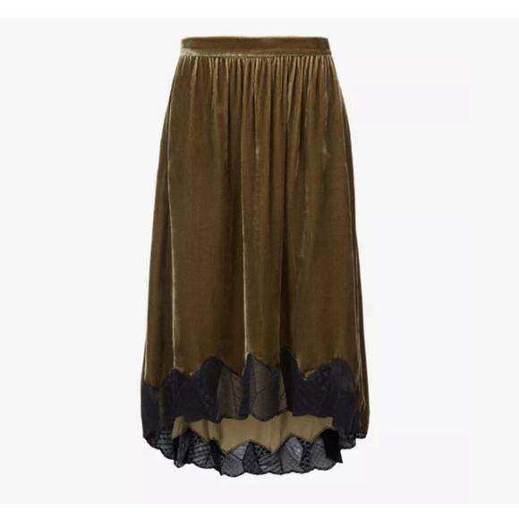 Zadig & Voltaire Joslin Velvet Midi Skirt Brown Green High Low Lace Trim Sz 36/S - Picture 2 of 16